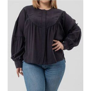 Harshman Faye Navy Shirt 1X Tencel Lyocell Balloon Sleeves Pleated Back Yoke